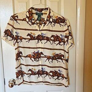 RARE Vintage Lauren Ralph Lauren Equestrian Racehorse Silk Blouse Size P/S